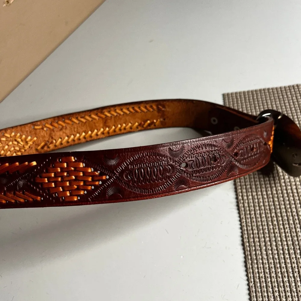 Vintage IAMAW 100th Anniversary Union Belt Buckle Brown Tooled Leather Belt 34
